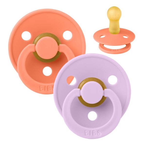 Køb BIBS Rund Colour Sut - 2-Pak - Str. 2 - Naturgummi - Papaya/Violet Sky online billigt tilbud rabat legetøj